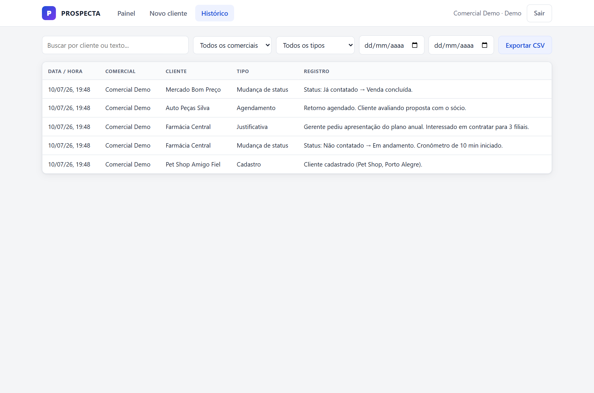 Tela de histórico do PROSPECTA com filtros e registros