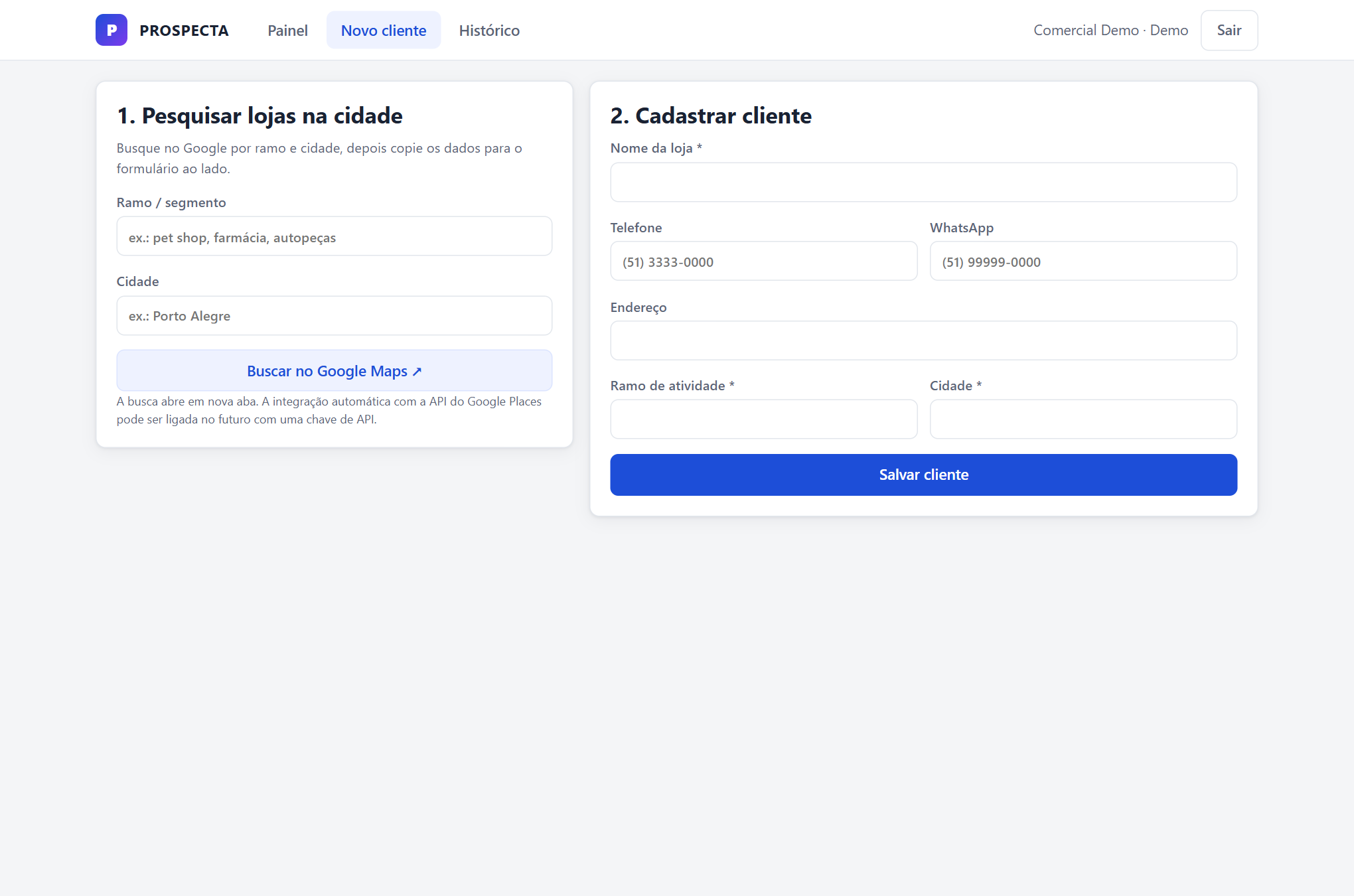 Tela de cadastro de novo cliente no PROSPECTA
